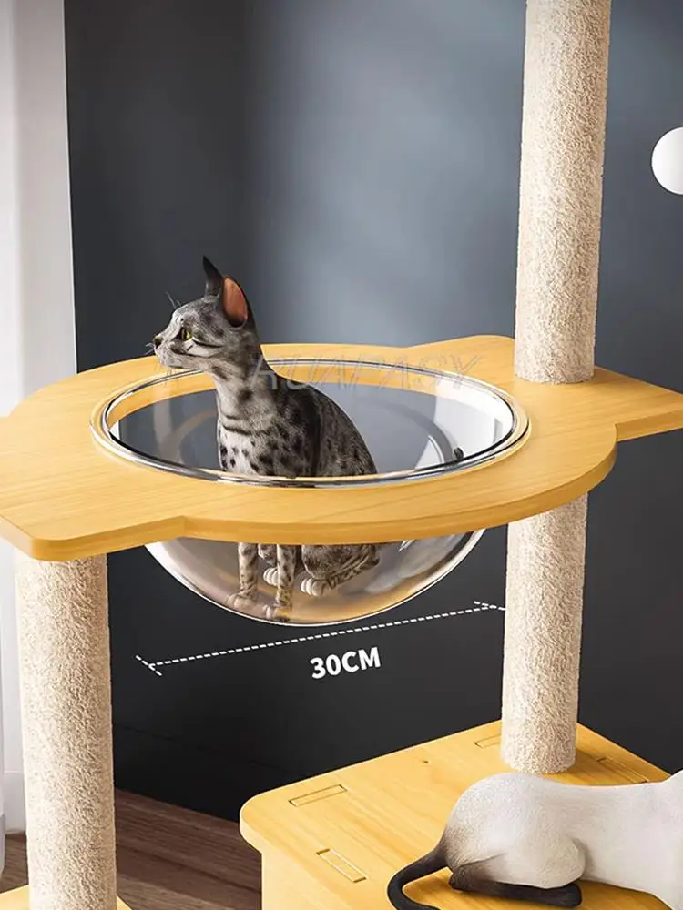 Integrated Multi-Level Cat Tree Nest Wood Cat Climbing Frame Shelf Space Capsule Post Condo Scratching Jumping Platform Tower