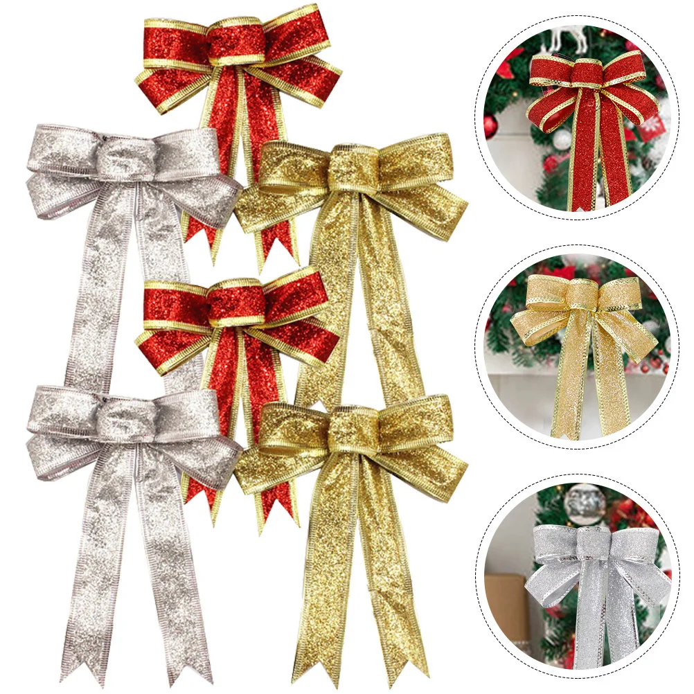 

6Pcs Gold Glitter Christmas Bows Xmas Tree Hanging Decorations Holiday Gift Bows Party Wreath Supplies Xmas Supplies