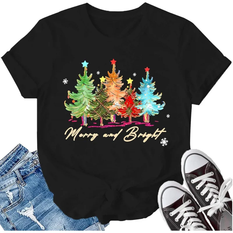 

Merry Christmas Shirt for Women Bright T-Shirt Xmas Holiday Tee Tops