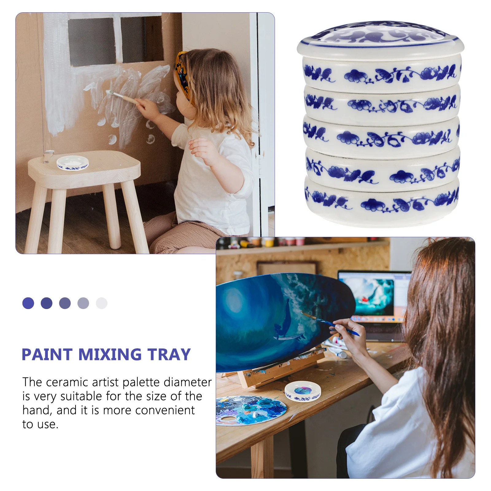 1Set Blue and White Ceramic Color Mixing Tray Plate for Professional Artists Easy Clean Painting Tool