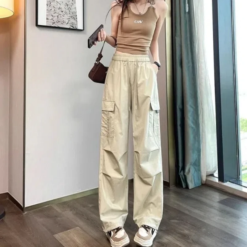 

Drawstring Solid Color Elastic High Waist Pockets Women's Casual Loose Trousers Sports Pants Cargo Spring Autumn Retro Pants