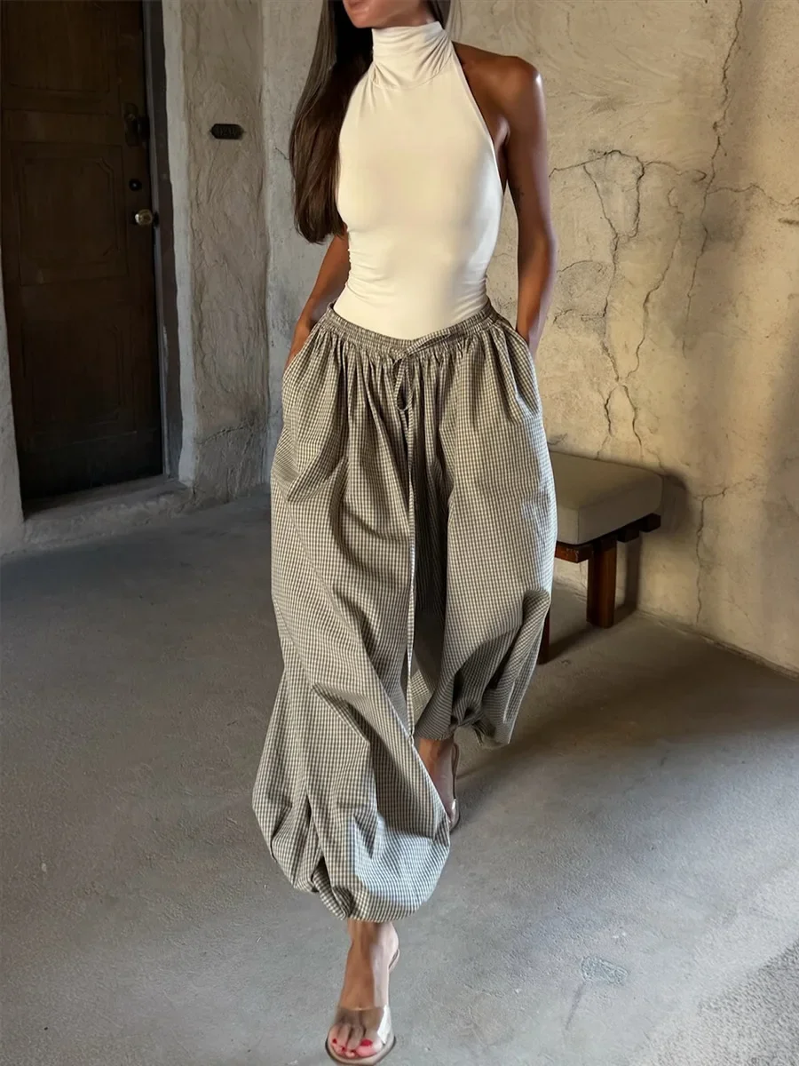 Neue Retro-Braun-Laternenhose für Damen, hohe Taille, trendige, lockere Passform, kariert, Frühling-Sommer-Mode, vielseitige Hose – Detail 14