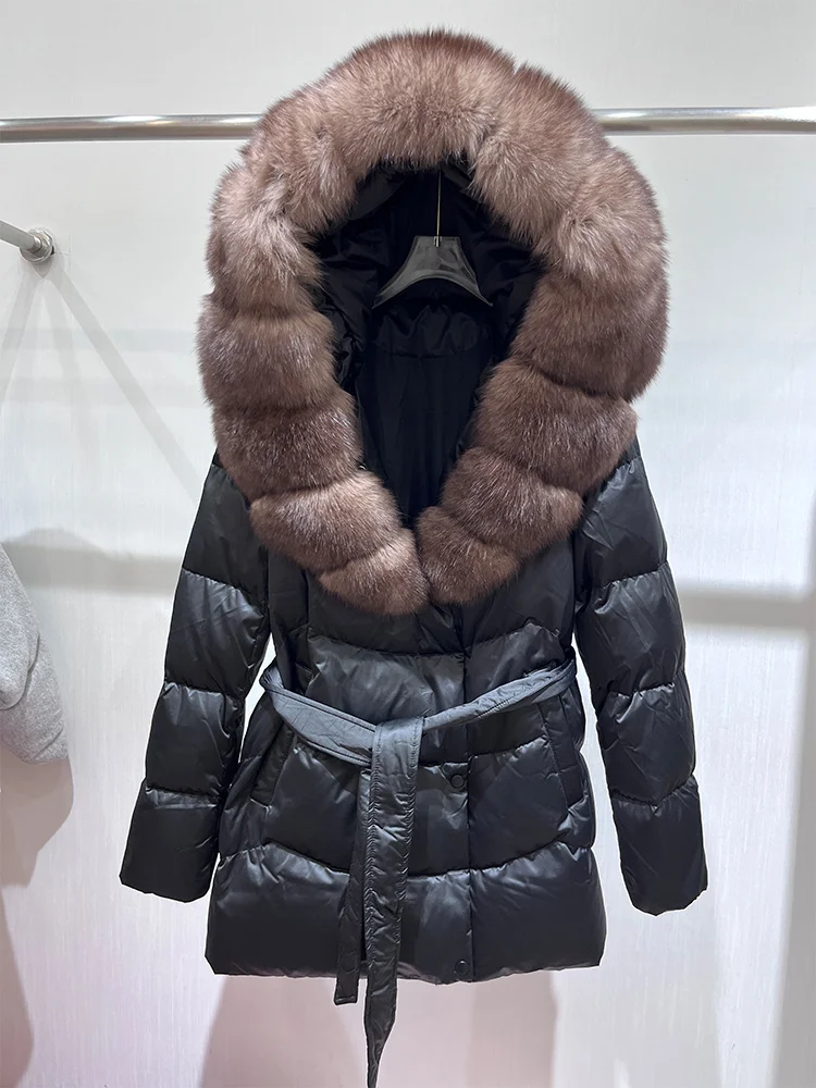 2025 moda inverno feminino 90% ganso para baixo jaqueta natural gola de pele de raposa real com capuz grosso quente luxo pele puffer parka casaco