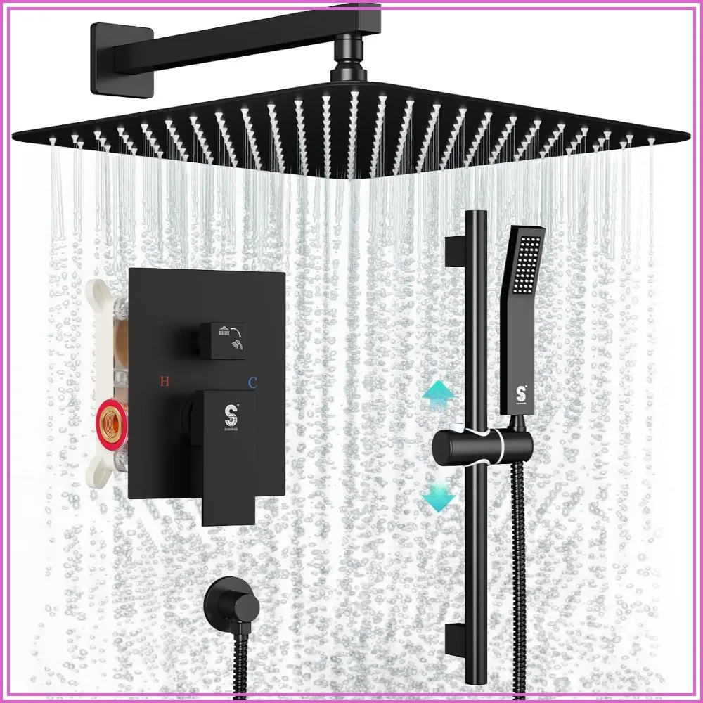 12 Inch Slide Bar Shower Faucet High Pressure Rain Shower Head & Handheld Combo Set Wall Mounted Shower System with Valve Trim, Matte Black