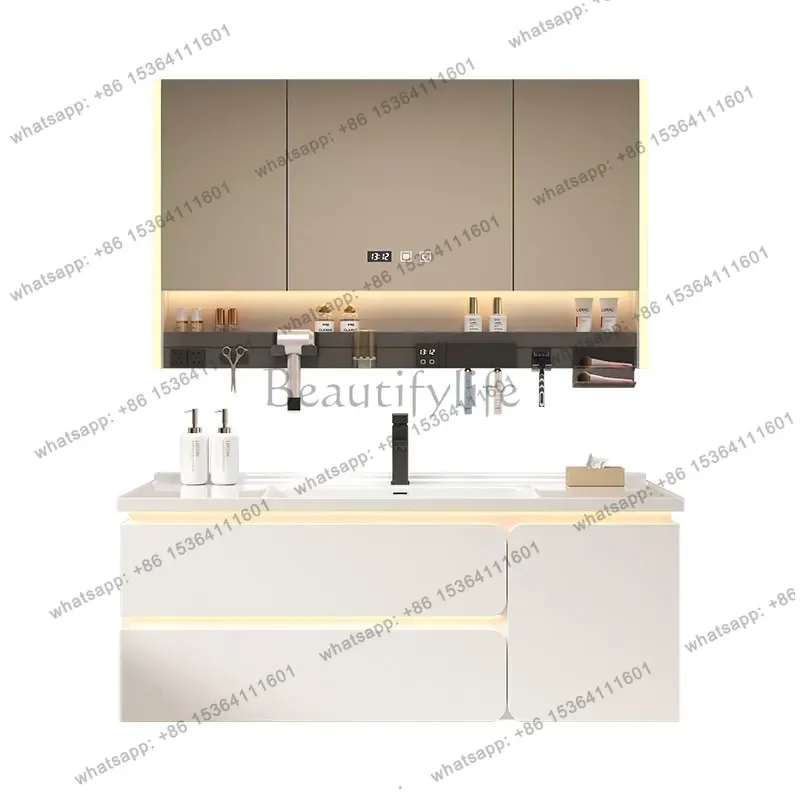 Multi-functional mirror cabinet induction light solid wood bathroom cabinet combination washbasin