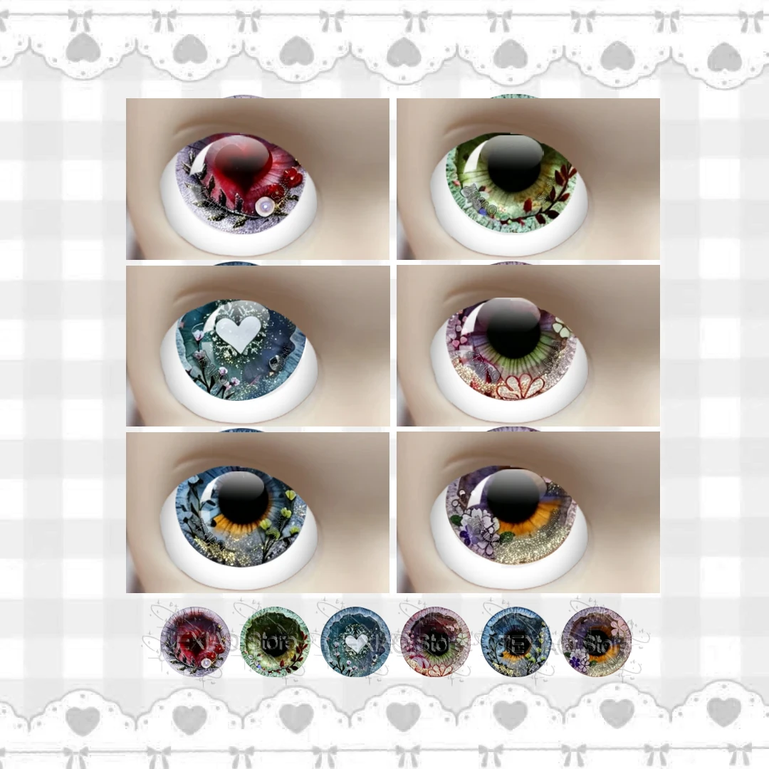 6Pair Vintage Floral Plant Pattern Blythe BJD Doll Eye Chips Glass Cabochon Flower Pattern Pupil EyesDoll DIY Jewelry MS008