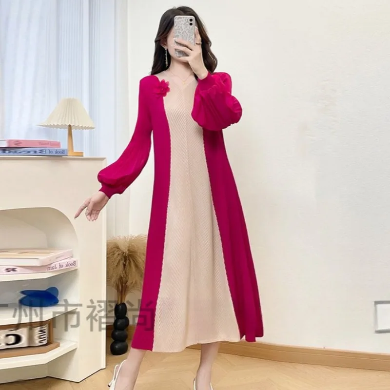 أوروبا جديد مياكي فستان مطوي المرأة طويلة الأكمام مزاجه حجب حجم كبير مطاطا فستان طويل مكتب ركاب الملابس #6