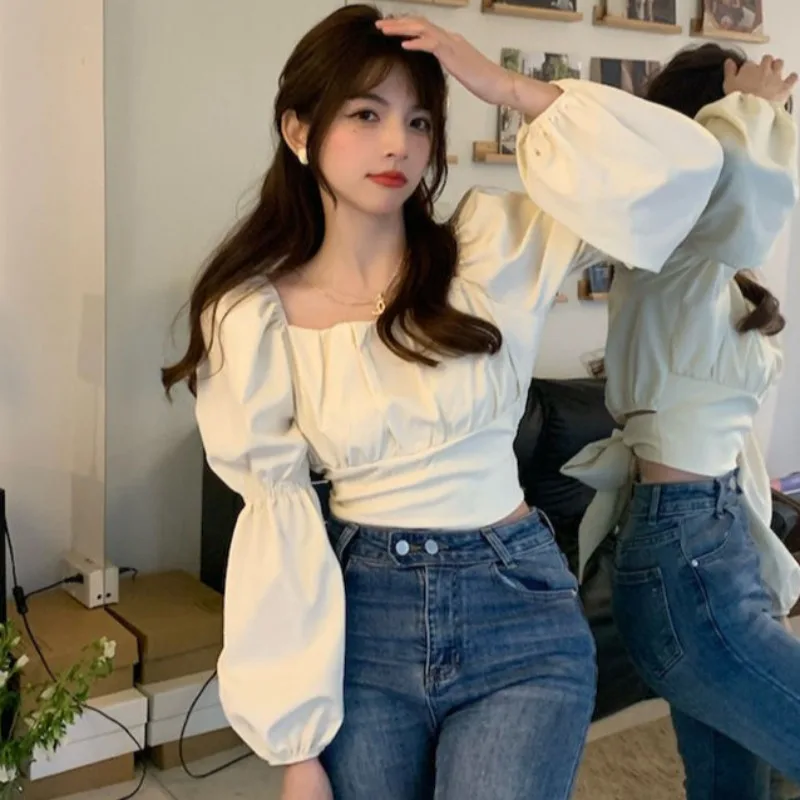 Back-bow Blouses Women Spring Chic Cropped Simple Solid Hot Sale Feminine Korean Style Leisure Streetwear Basic Mujer Blusas Ins