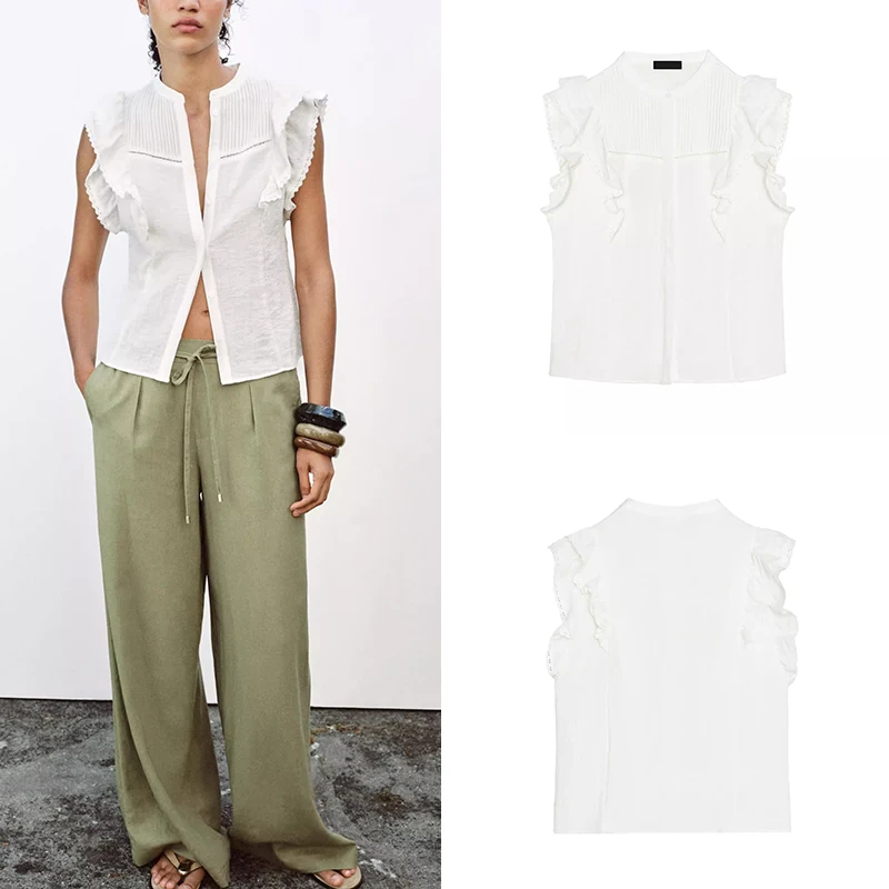 

Summer 2025 Women's Sle Ruffle Layered Decorations Svel irt Commute Slim Fit Pure Color Polyester Fiber 00%