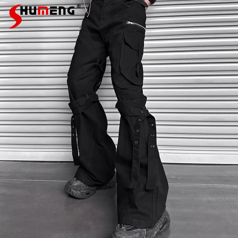 

Men's Micro Flared Cargo Pants Men's 2025 Summer Loose High Street Long Pants Male Pocket Multiple Zippers Decoration Trousers