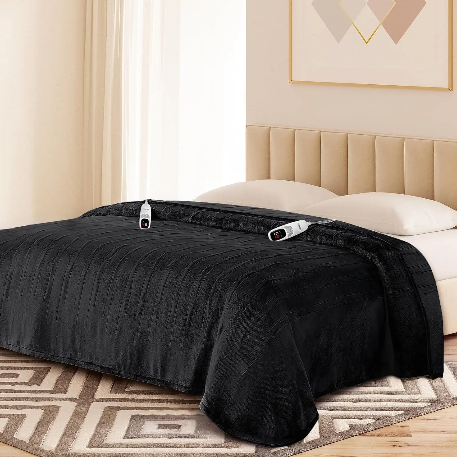 

Электрическое одеяло с двойным управлением, размер King Size 100x90, 9 уровней нагрева и таймер, машинная стирка, мягкий фланель, черное.