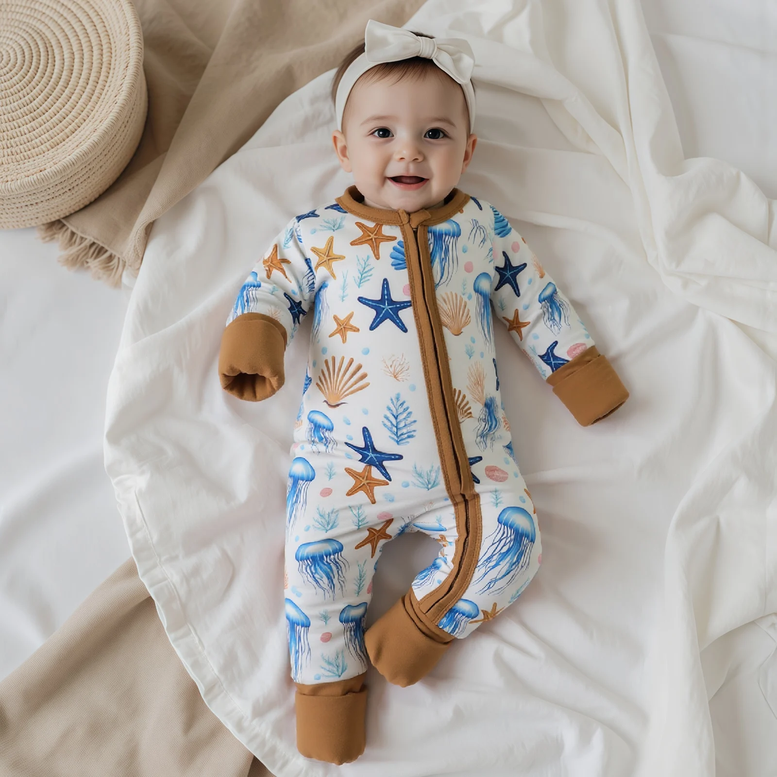 ملابس عيد الميلاد للأطفال الصبي رومبير نجم البحر طباعة كم طويل رقبة مستديرة كامل طول البريدي بذلة ملابس حديثي الولادة