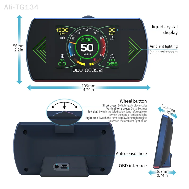 

P12S Автомобильный OBD2 Двойная система HUD Проекционный дисплей Интеллектуальный цифровой датчик Скорость Чтение топлива Считыватель кодов неисправностей Компьютер вождения