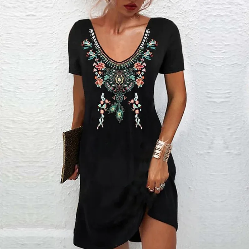 Stylish Women's Ethnic Print Short Sleeve Dress – Casual & Comfortable Boho Fashion