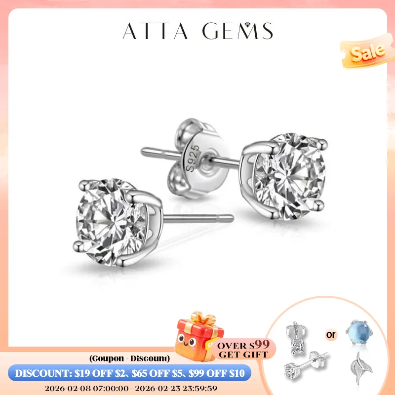 

ATTAGEMS 1 Carat 6.5mm D Color Moissanite Stud Earrings For Women Top Quality Solid 925 Sterling Silver Classic Wedding Jewelry