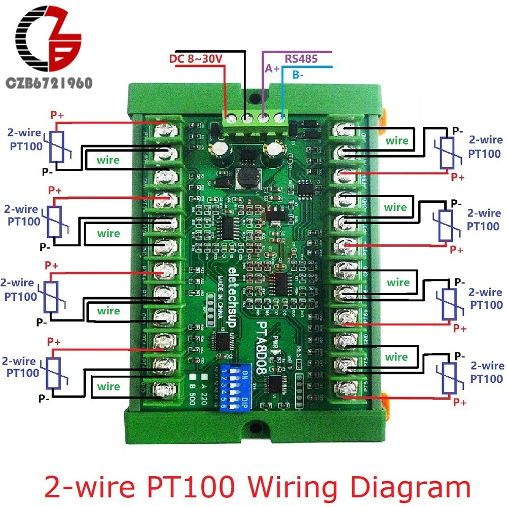 8ch DC 8-30V PT100 RTD RS485 Temperature Sensor Module Modbus RTU Platinum Thermal Resistance Collector -40~500C Thermostat