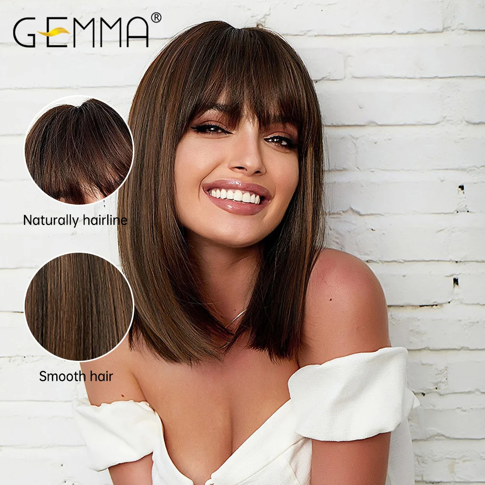 GEMMA Straight Brown Synthetic Wigs with Bangs Cosplay Daily Blonde Highlight Wig for Women Heat Resistant Fiber