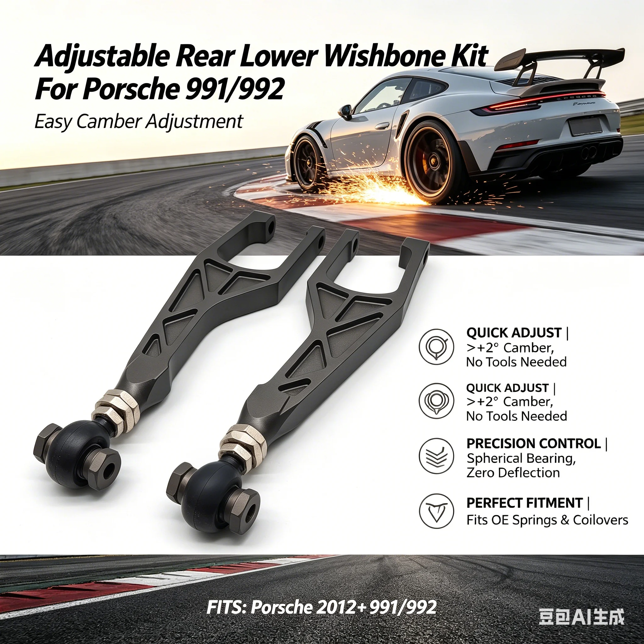 

Adjustable Rear Lower Wishbone Kit for Porsche 991 / 992 (2012+) – Billet Aluminum, Camber Adjustable, Weather-Sealed