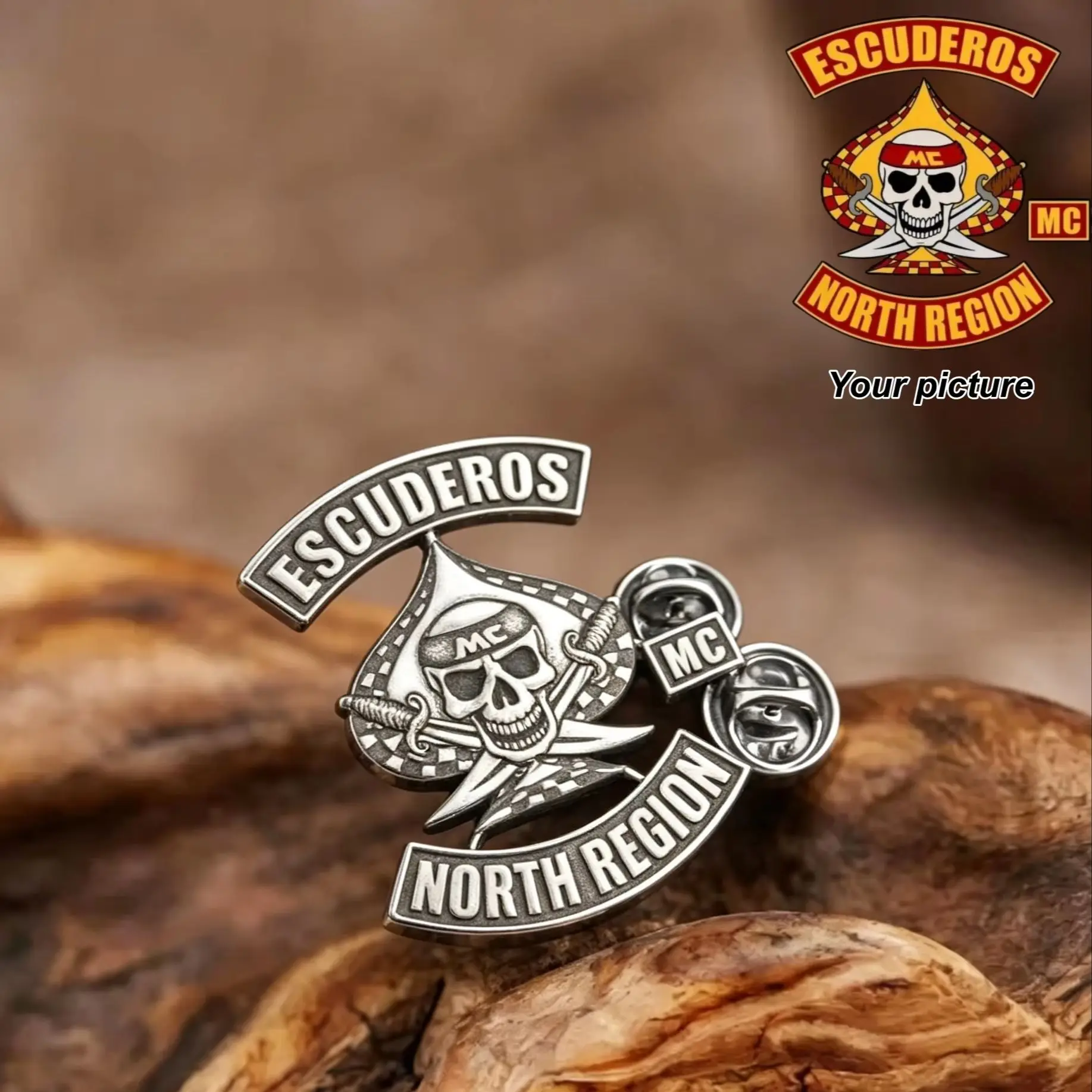 Custom Logo Photo Brooch/Necklace Personalized 2D Engrave Stainless Steel Cool Motorcycle Club Pin Jacket Hat Accessory Gift view 3