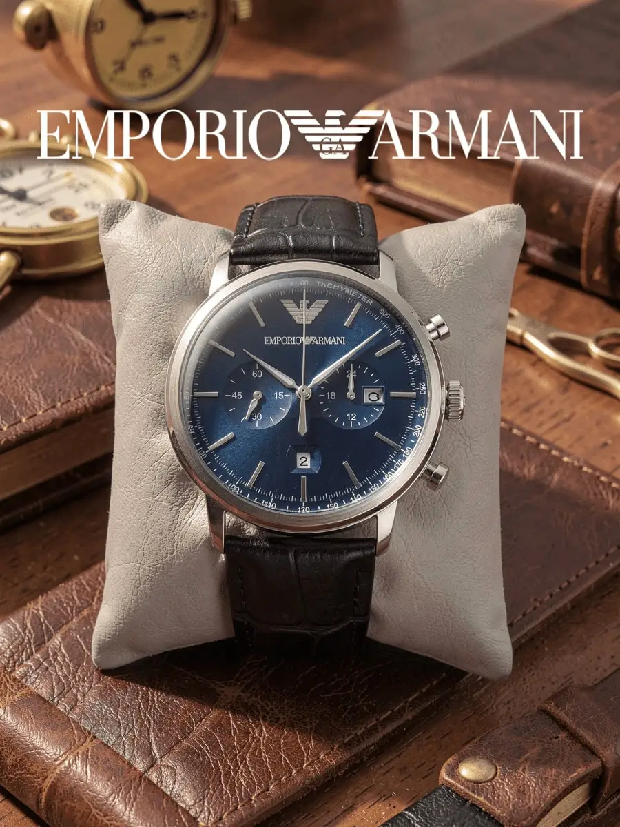 Emporio Armani AR11105 Aviator Series Chronograph Watch 43mm Silver Steel Blue Dial Black Leather Band 5ATM Men Watch Gift