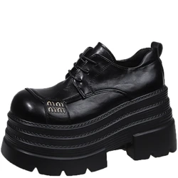 Women's Leather Sneakers New 2025 Spring High Platform Lace-up Casual Shoes Thick Sole 10CM Heels Walking Shoes Zapatos Mujer