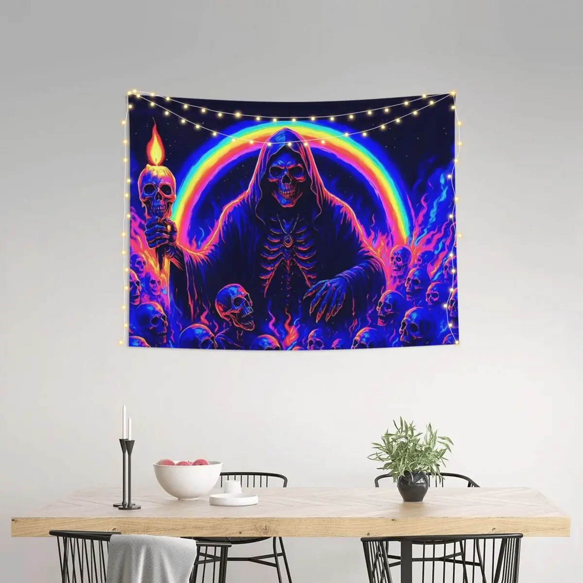 Rainbow Skull Neon Tapestry Wall Hanging Hippie Polyester Tapestries Horror Halloween INS Decoration Wall Decor Wall Cloth