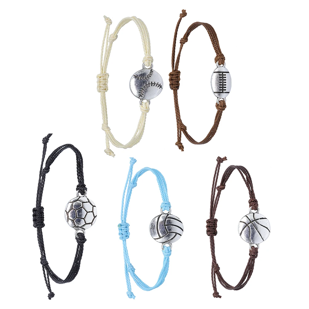 

5pcs Sports Ball Bracelets Adjustable Wear resist Wristb Proof Themed Wax Line Ball Charm Bracelets Sports Jewelry Gifts