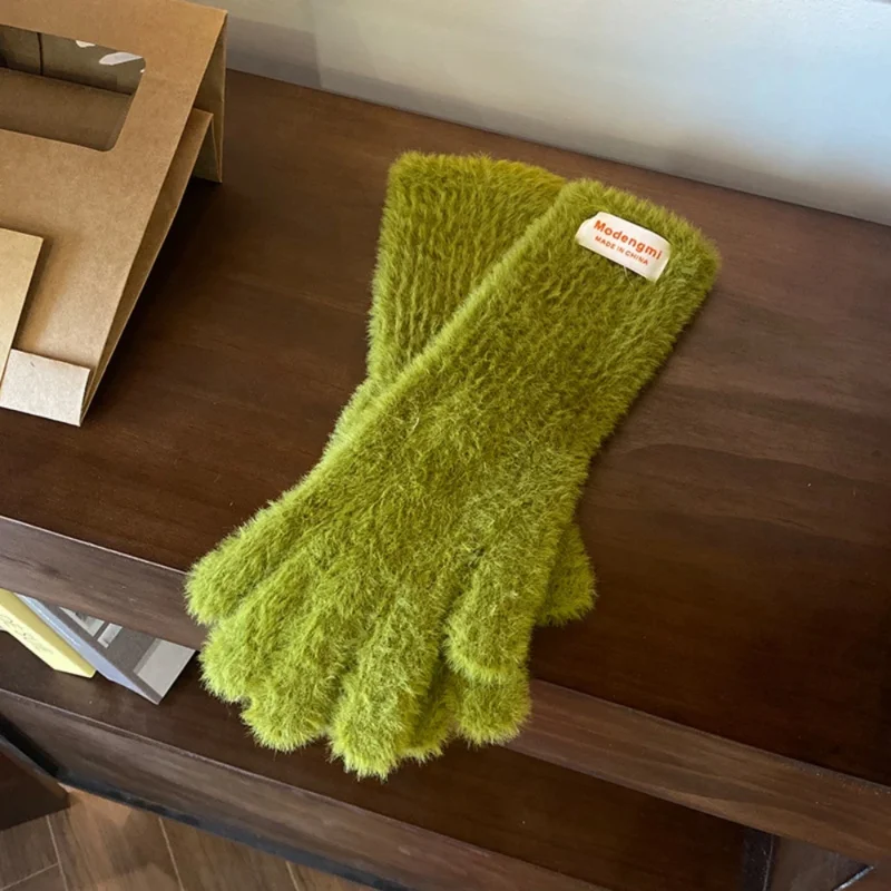 الشتاء بلون تقليد المنك قفازات المرأة لينة أفخم الدافئة محبوك قفازات كاملة الأصابع في الهواء الطلق شاشة تعمل باللمس ركوب القفازات