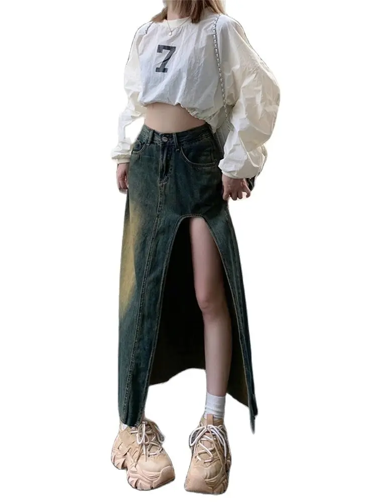 

Women A-line Denim Skirt Vintage Aesthetic Y2k Long Jean Skirt with Slit Harajuku Korean Cowboy Skirt 2000s Clothes 2024 Summer