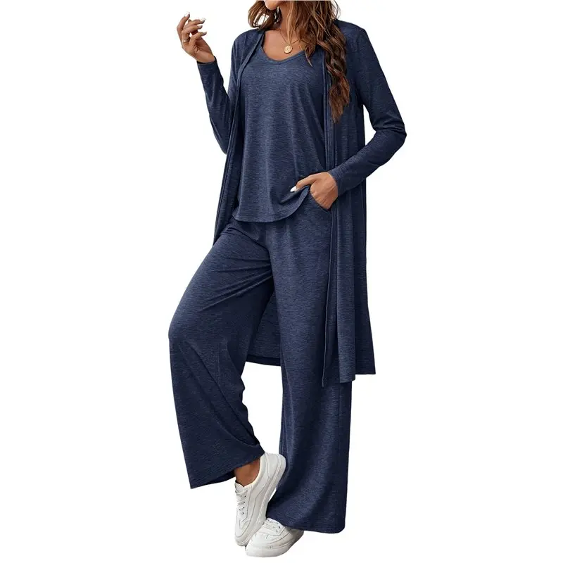 

ABRT-3 Piece Lounge Sets For Women Travel Vacation Outfits Fall Cardigan Matching Sleeveless Top Wide-Leg Pants Blue XL