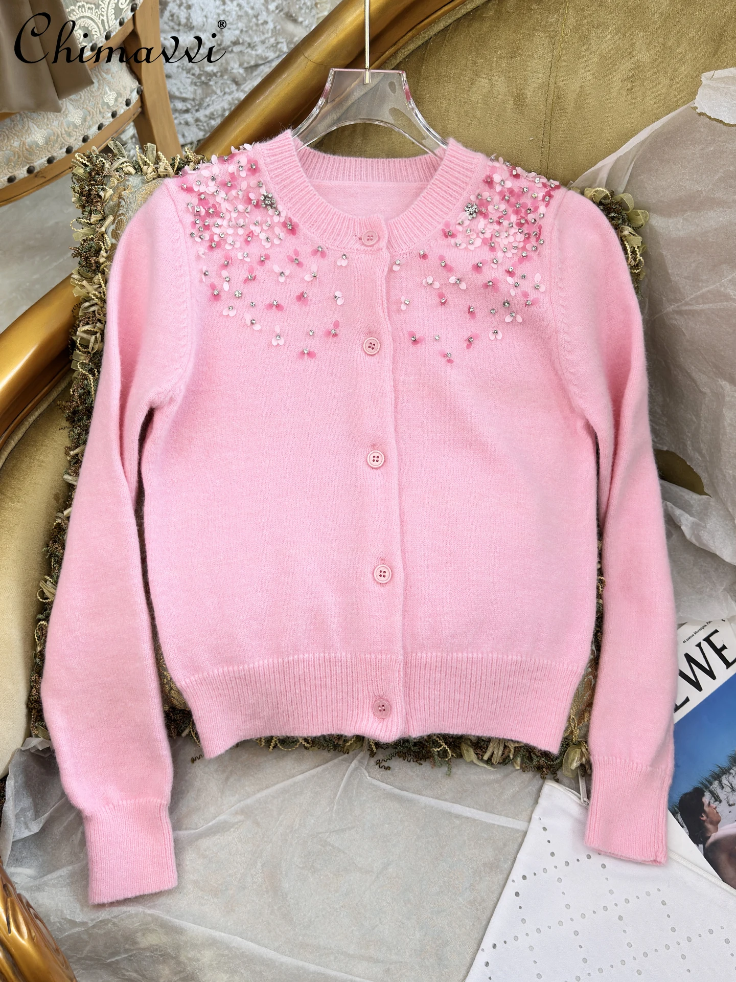 

2025 Autumn Clothes New Heavy Industry Beaded Sweet Girl Pink Cardigan Fashion Design Buckle Loose Knitted Sweater Coat Women