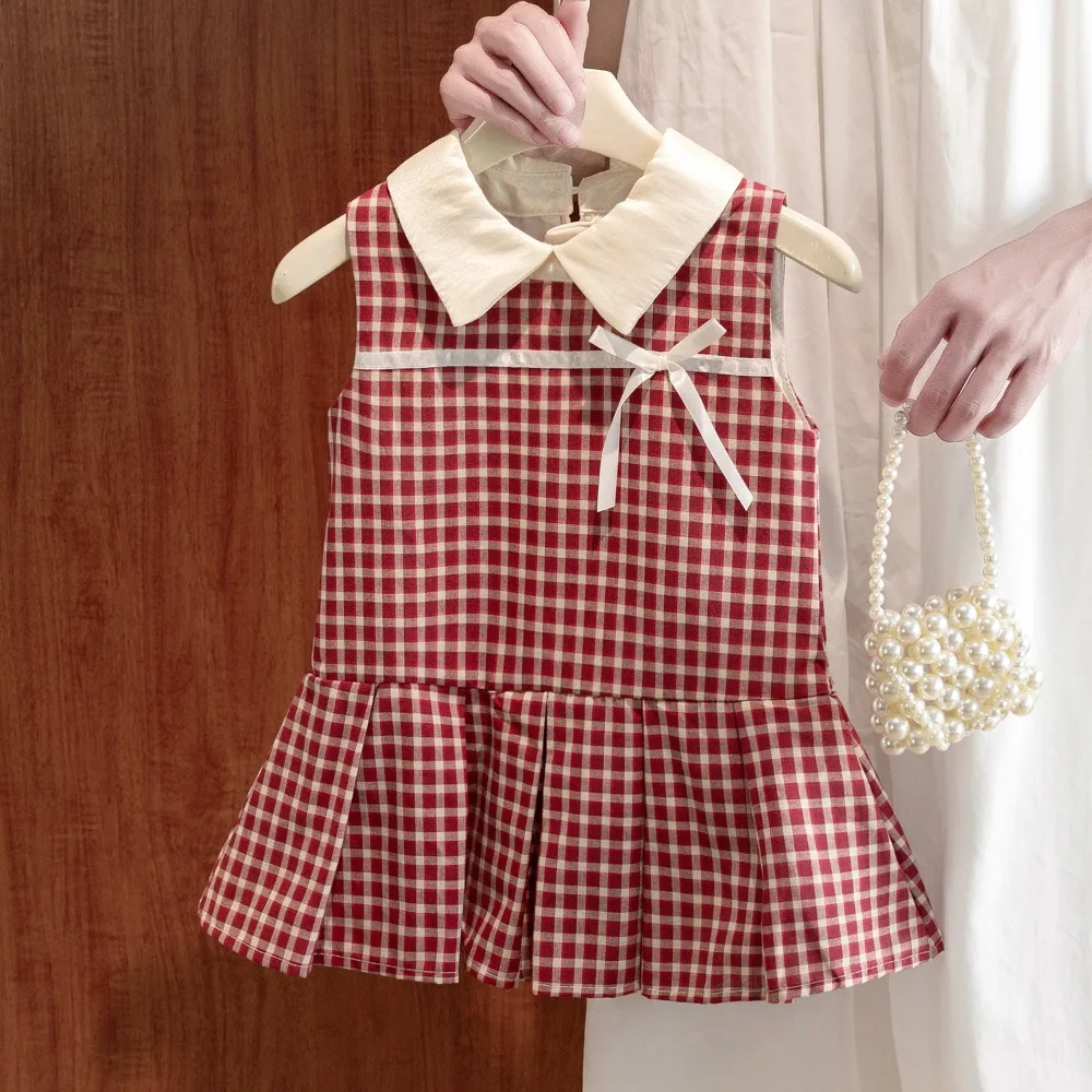 

Корейская версия, красное летнее новое милое клетчатое платье принцессы без рукавов с лацканами и бантом для девочек, повседневная одежда