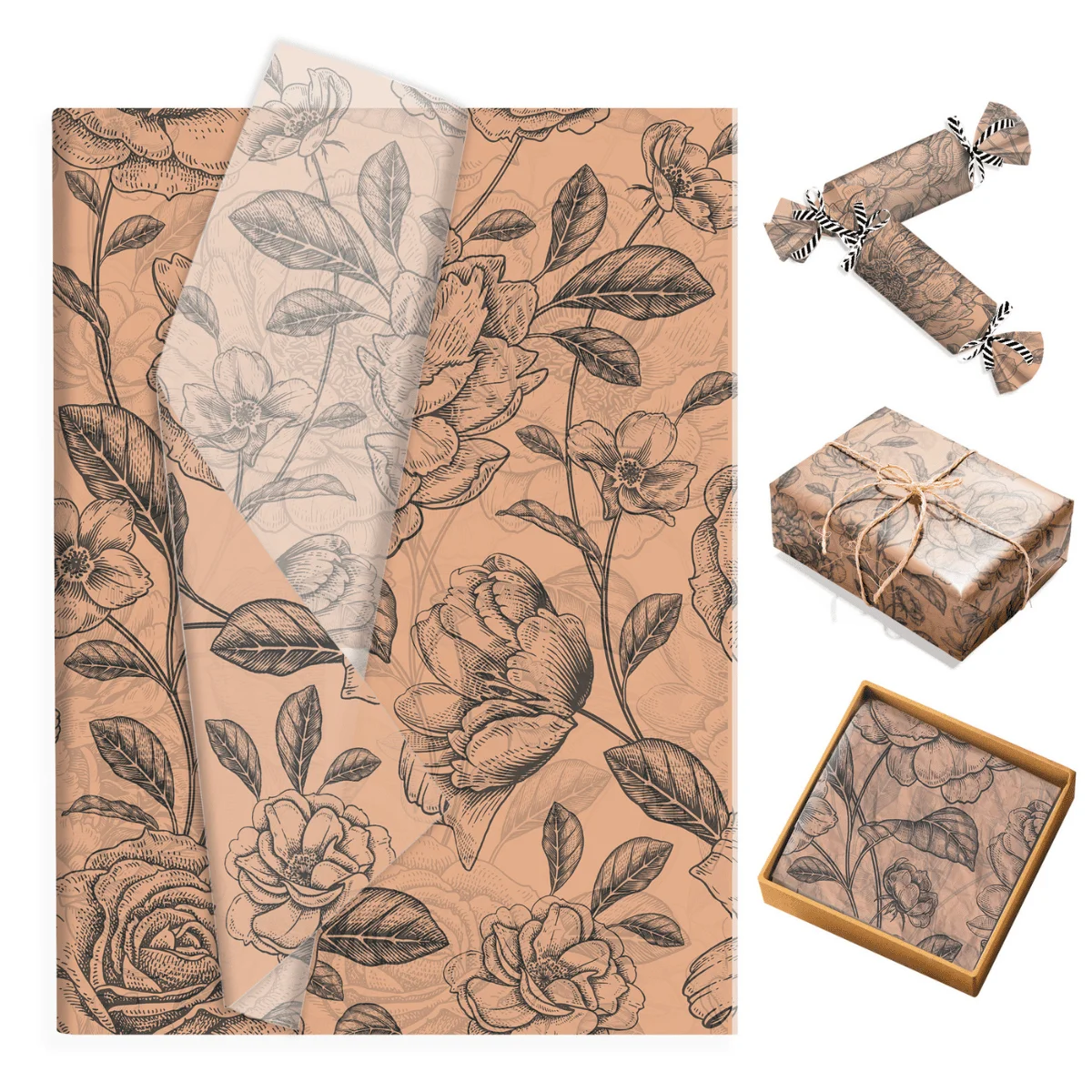 Brown Rose Tissue Paper，Floral Snow Pear Paper Gift Wrapping Paper DIY Gift Flower Packaging Paper Party Supplies
