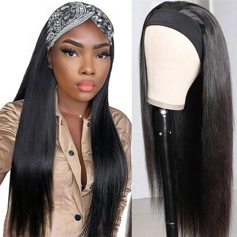 Headband Wig Straight Human Hair Wigs for Black Women 180% Density Brazilian Hair Machine Made Headband Wig Natural Color