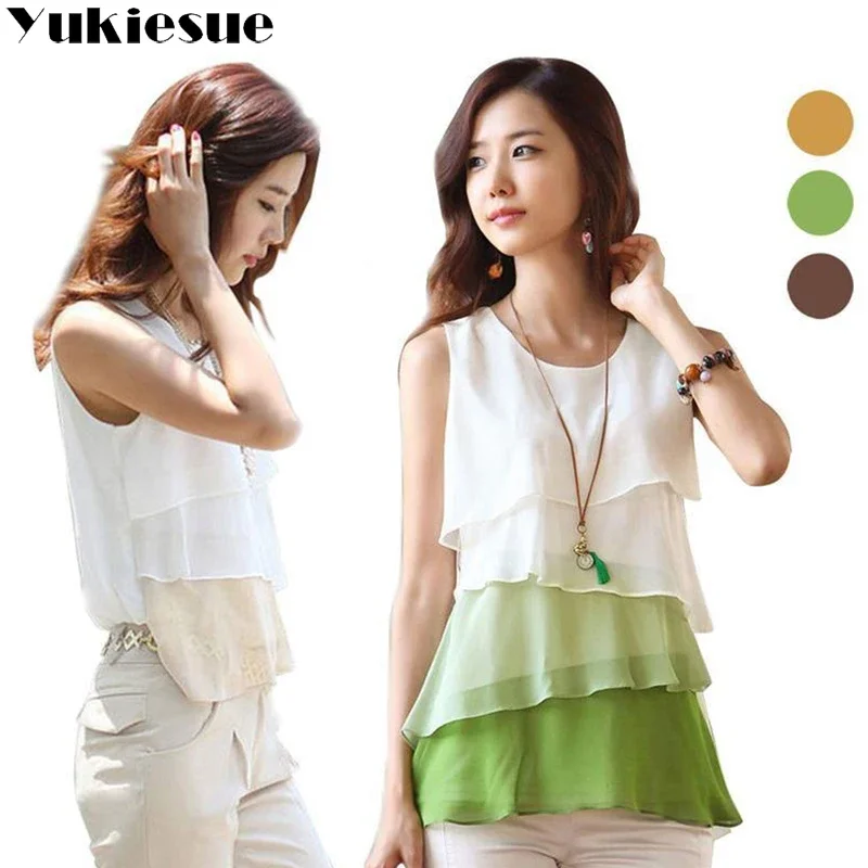 2022 Fashion New Multi-layer Shirts Women Tops Summer Blouse Vest Sleeveless Cheap Chiffon Shirt