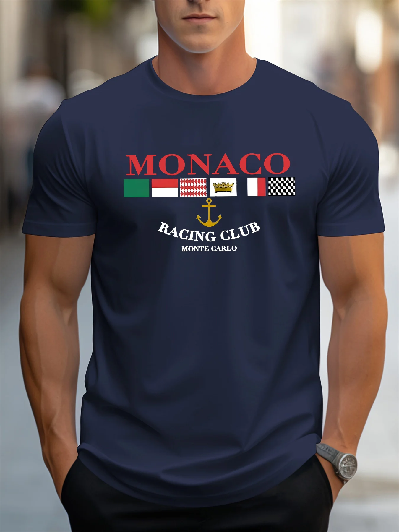 Summer men's 100% pure cotton casual loose MONACO letter printed sports comfortable round neck short sleeved T-shirt top
