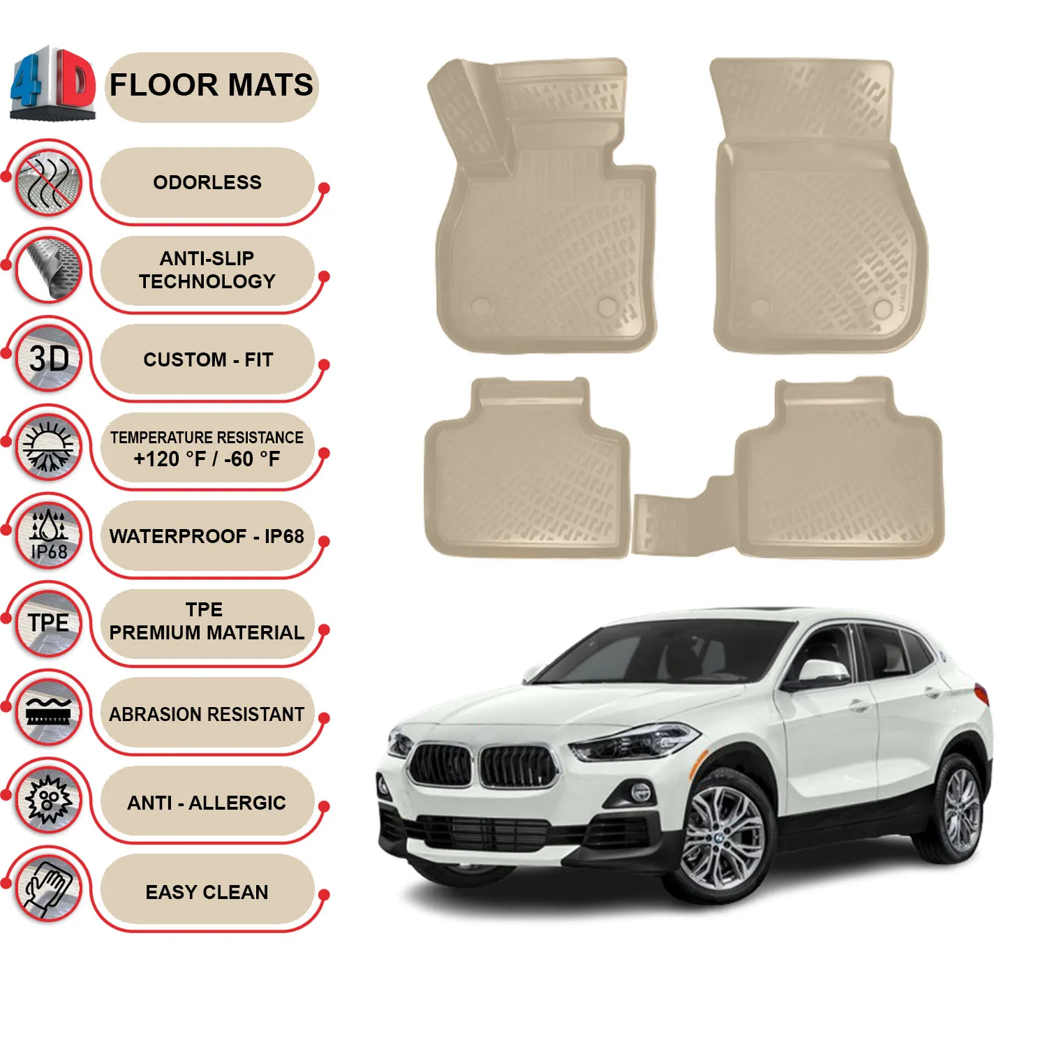 BMW X2 - (2018-2023) Floor Mats Liner Waterproof 3D - (Beige)