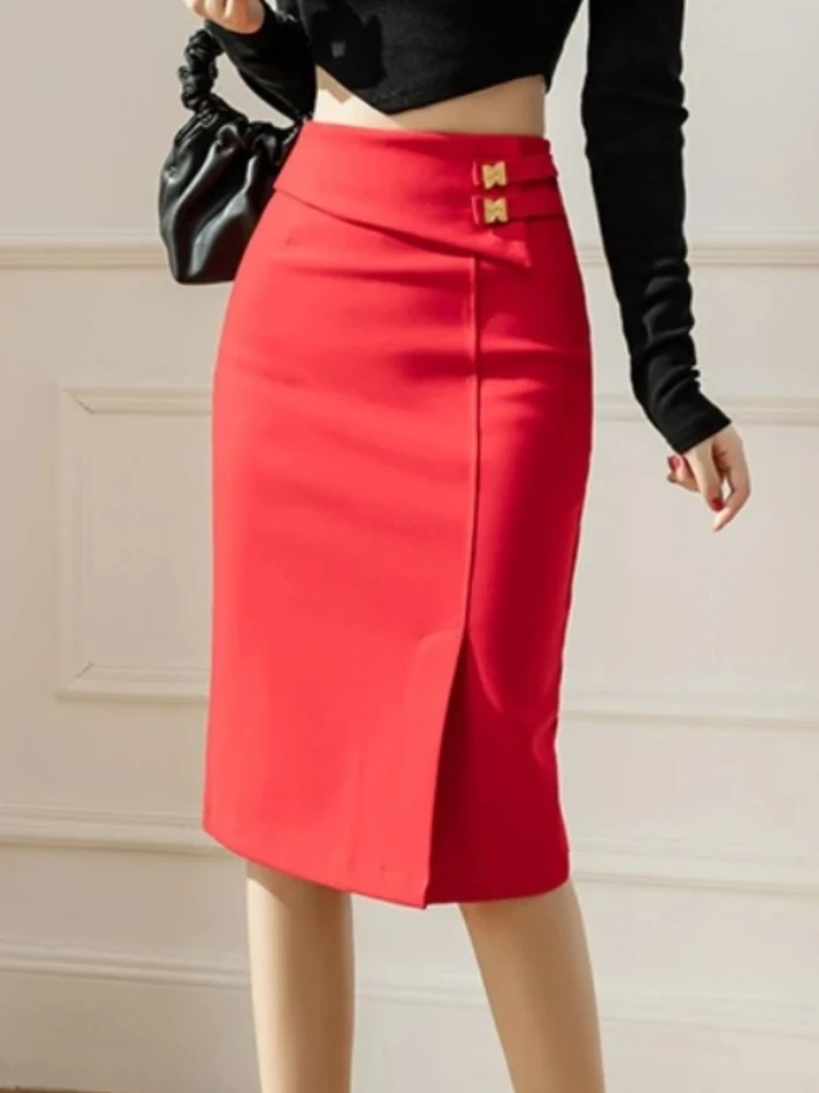 2025 Fashion High Waist Pencil Skirt Plus Size Women's Skirts Elastic Bodycon Office Skirts Elegant Korean Sexy Red Midi Skirt