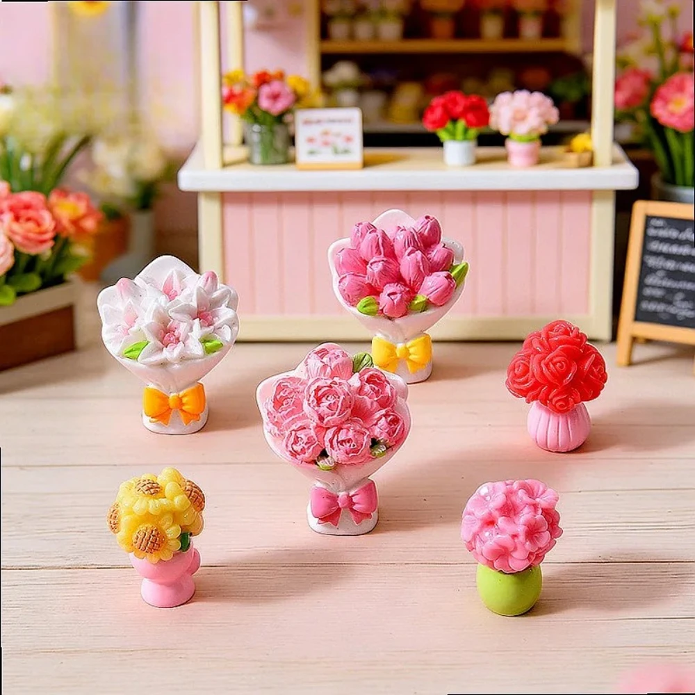 6/12/24PCS Mini Resin Flower Charms Rose Tulip DIY Jewelry Keychain Dollhouse Desktop Decor Sweet Kawaii Craft Supplies