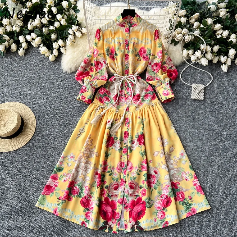 Neploe Vintage Court Stand Collar Lantern Sleeve Dress Lace Up Ruched Big Swing High Waist Robe Slim Waist Print Elegant Mujer