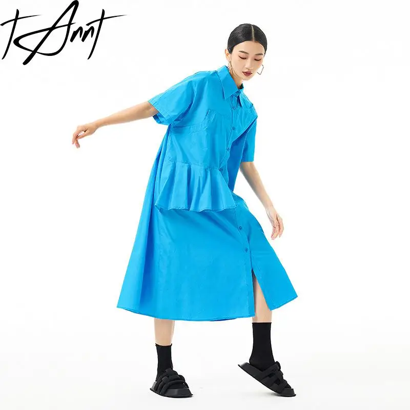 

Tannt Women Dress Ruffles Patchwork Asymmetry Black Blue Red Casual Shirts Dresses Irregular Fashion Loose Long Summer Dresses