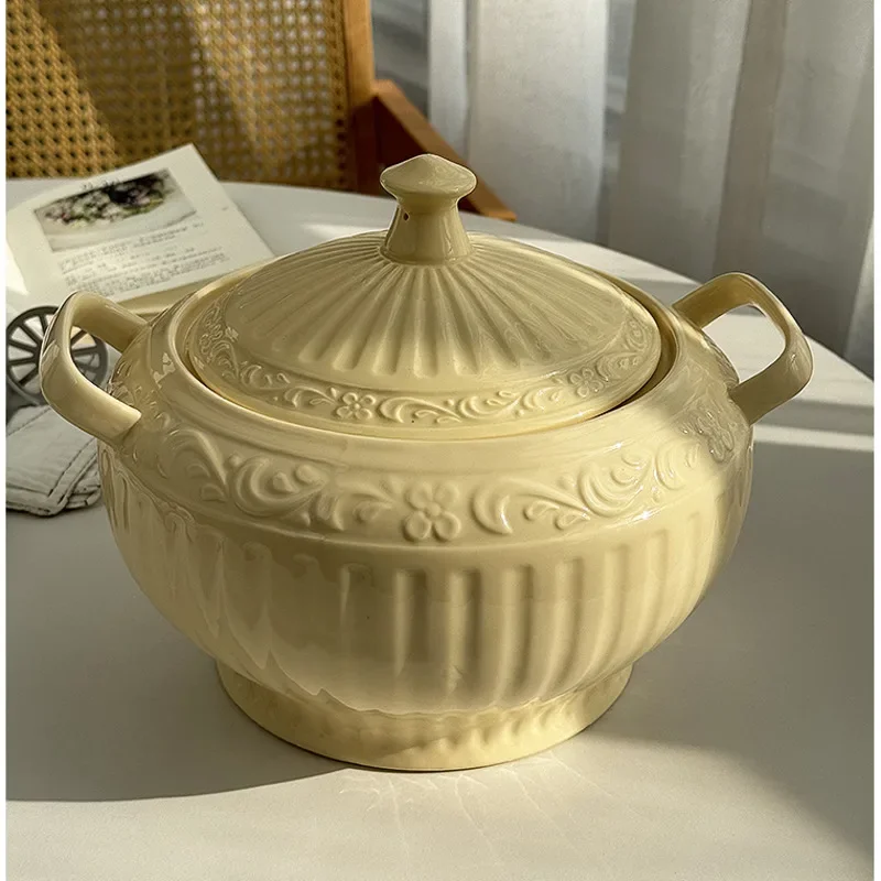 

3L Milk Yellow Soup Pot Nordic Vintage Double Eared Bowl Light Luxury Relief Soup Basin Ceramic With Cover Pig Oil Tank