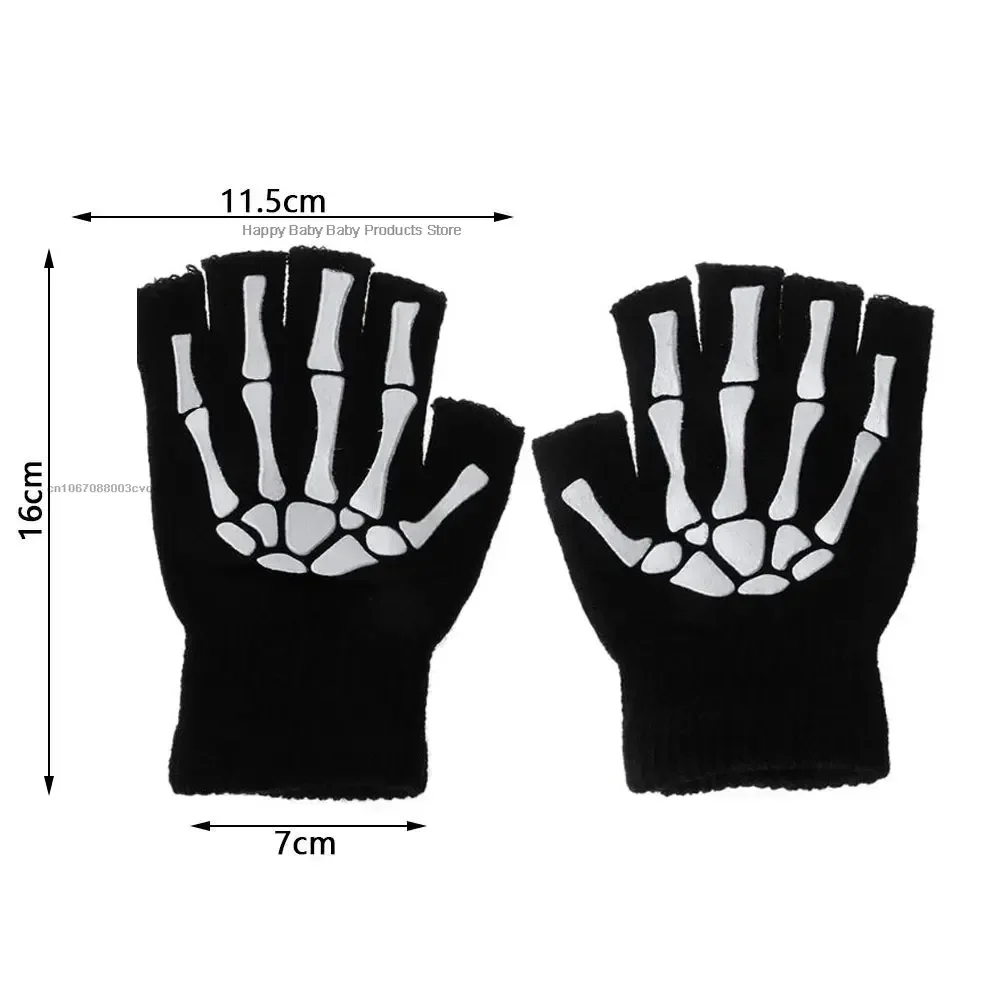 1pair New 5-11T Kids Halloween Skeleton Skull Half Finger Luminous Punk Gloves Winter Skull Fingerless Black Mitten