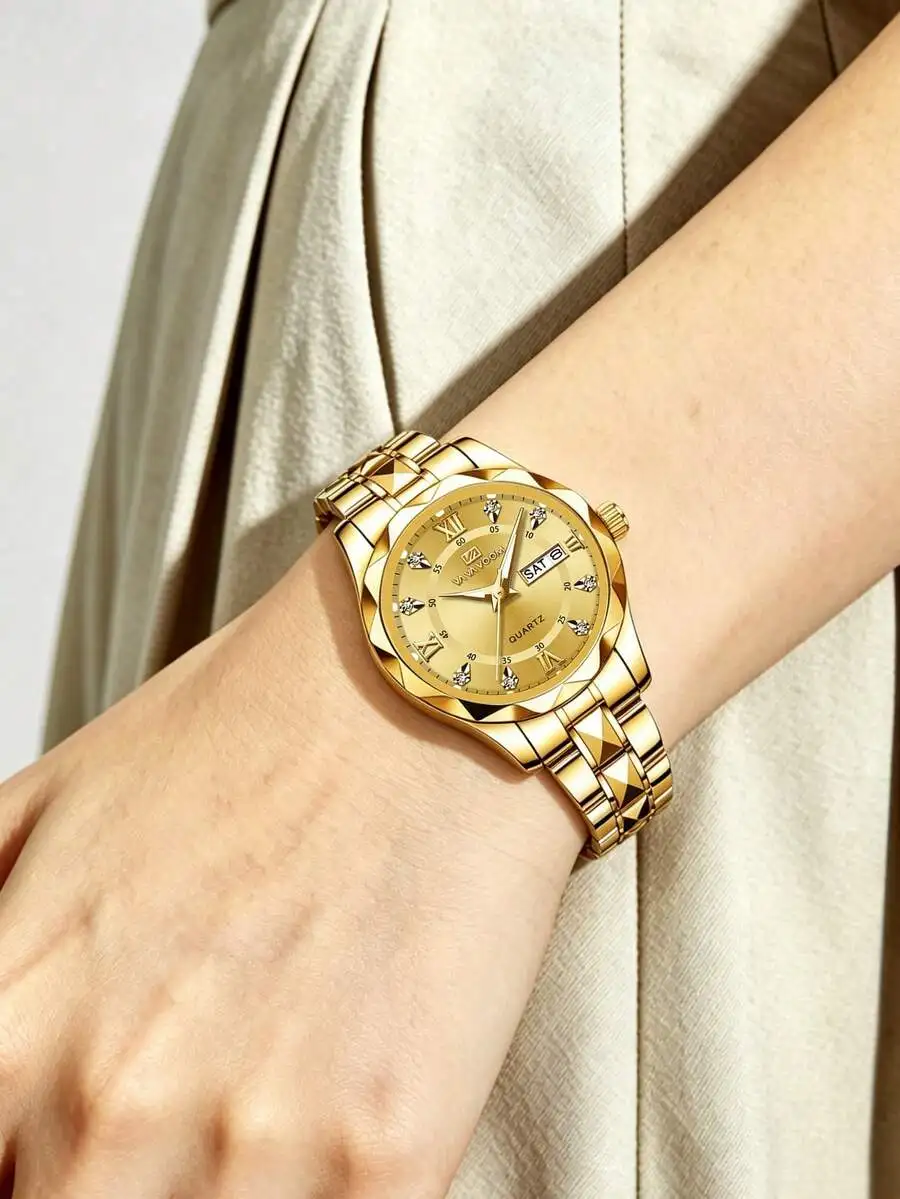 Women's Quartz Watch 28mm Mini Dial Luxury Dial Rhinestone Markers Day Calendar Clock Stainless Steel Rivet Strap Quartz