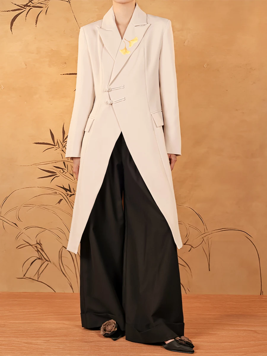 

Long Tailored Women's Suit Bylu Belted Chinese Button Design Spring Faion Split Coat Ele Commute Sle Full Sve