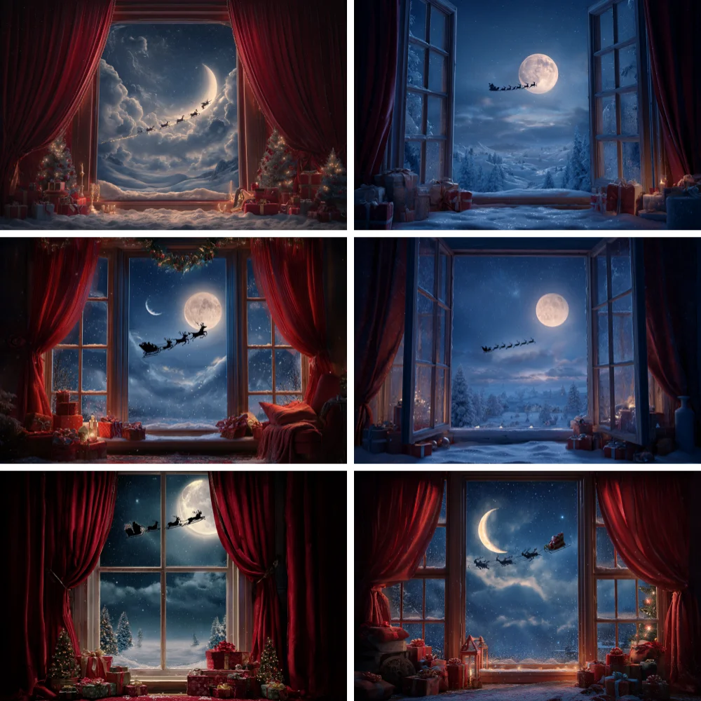 

Christmas Photography Background Red Curtain Santa Claus Window Snowy Xmas Kids Family Portrait Decor Backdrop Photo Studio