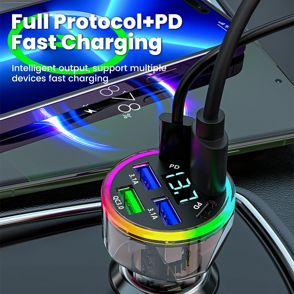 Olaf 6 Port 200W شاحن سيارة شحن سريع شاشة ديجيتال USB C شاحن سيارة USB نوع C محول آيفون سامسونج هواوي Xiaomi #5