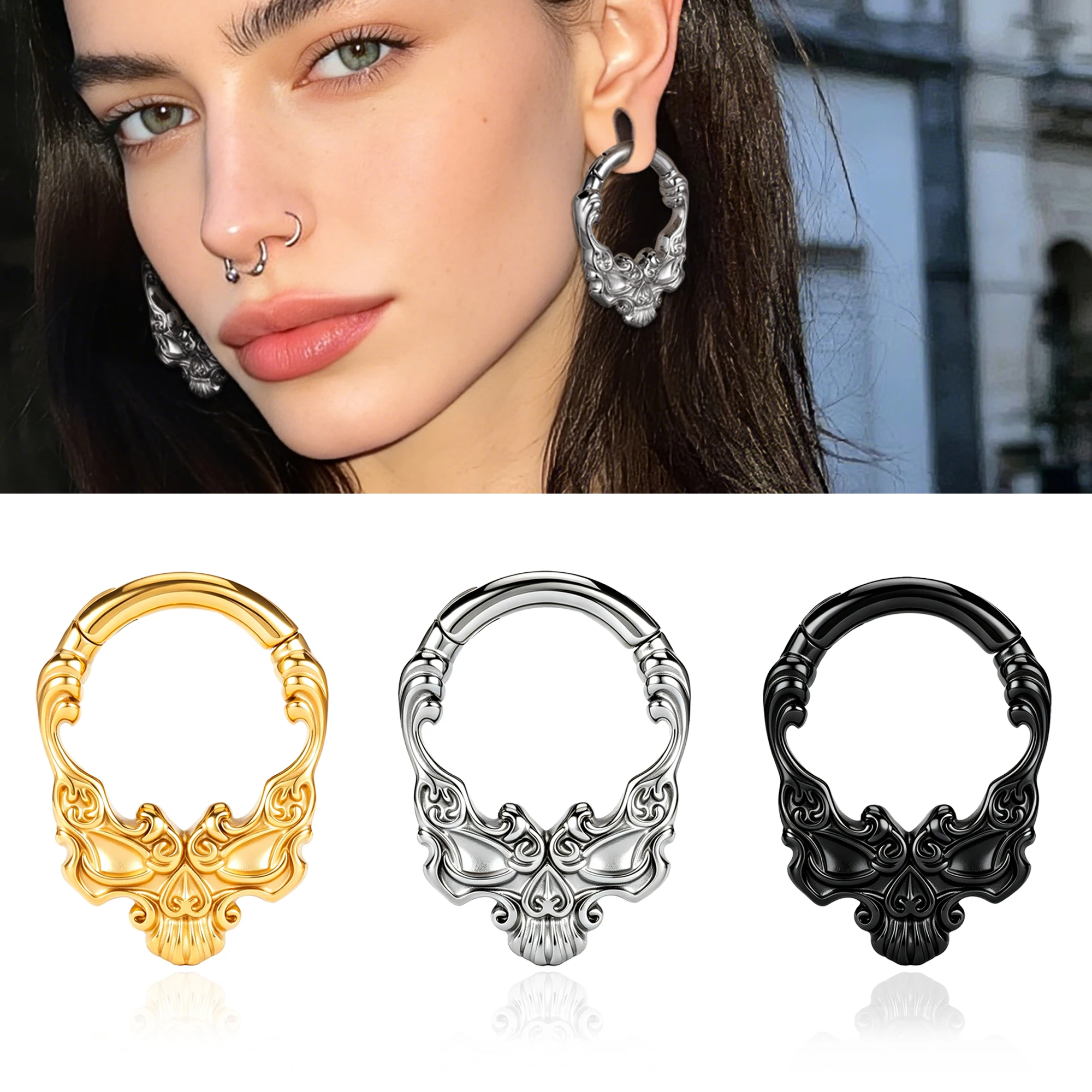 Doearko 2pcs  Gothic Skull Ear Gauges Weights, Hypoallergenic Stainless Steel Ear Plugs Tunnels, Piercing Jewelry for Halloween