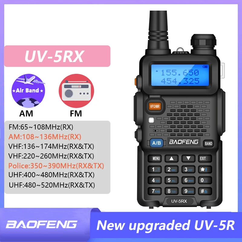 Baofeng UV-5RX Walkie Talkie M-5R AM FM Radio Six-Band 108-136MHz 350-390MHz Wireless Copy Frequency Upgraded UV5R Two Way Radio