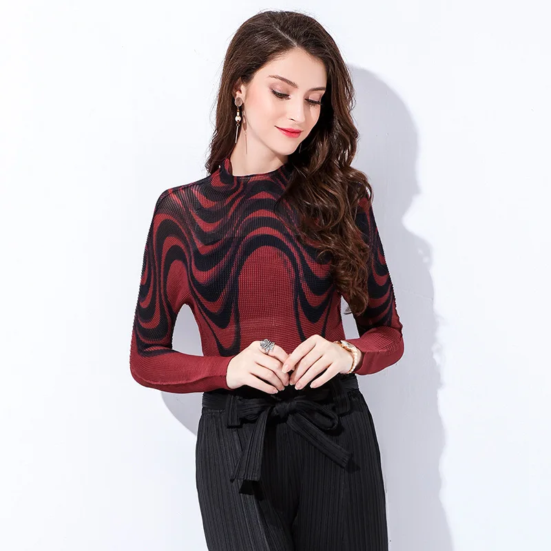 Miyake Pleated Top Fashion Women's Long Sleeve Top Printing Pleated Poloneck T-shirts